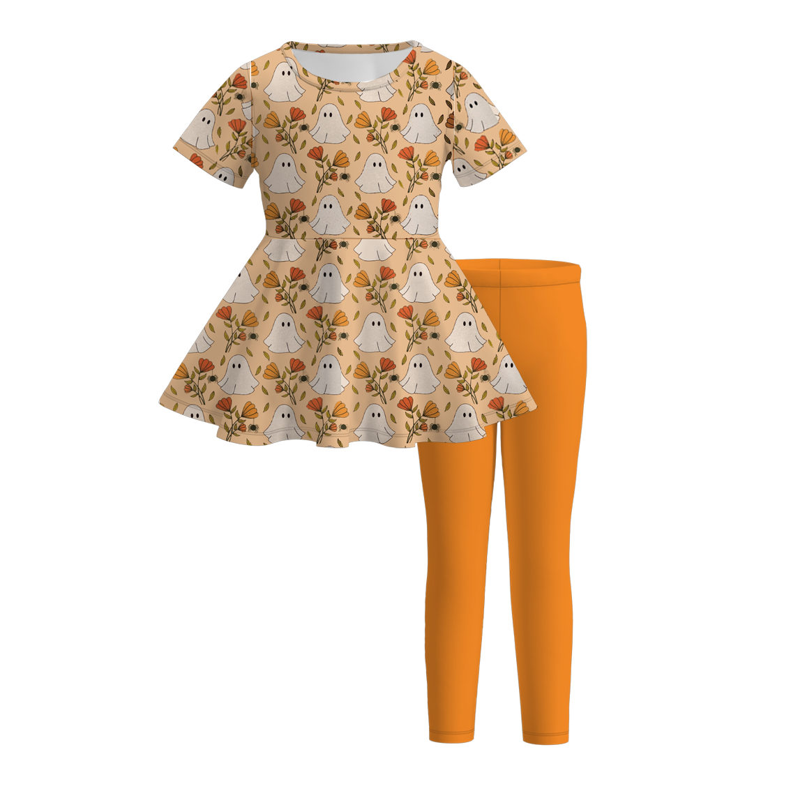 (Custom Design Preorder MOQ 5) Ghost Flowers Tunic Top Orange Pants Girls Halloween Clothes Set