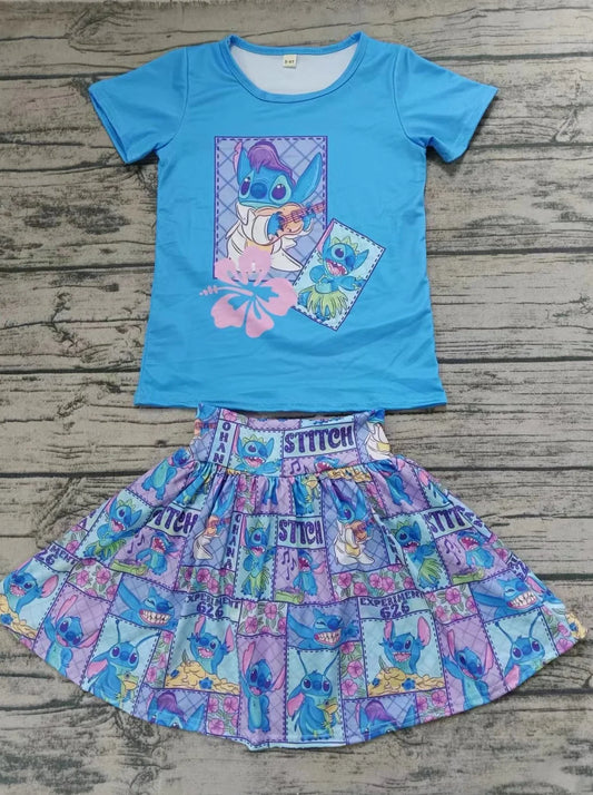 (Custom Design Preorder MOQ 5) Cartoon Stitc* Blue Print Shorts Skirts Girls Summer Clothes Set