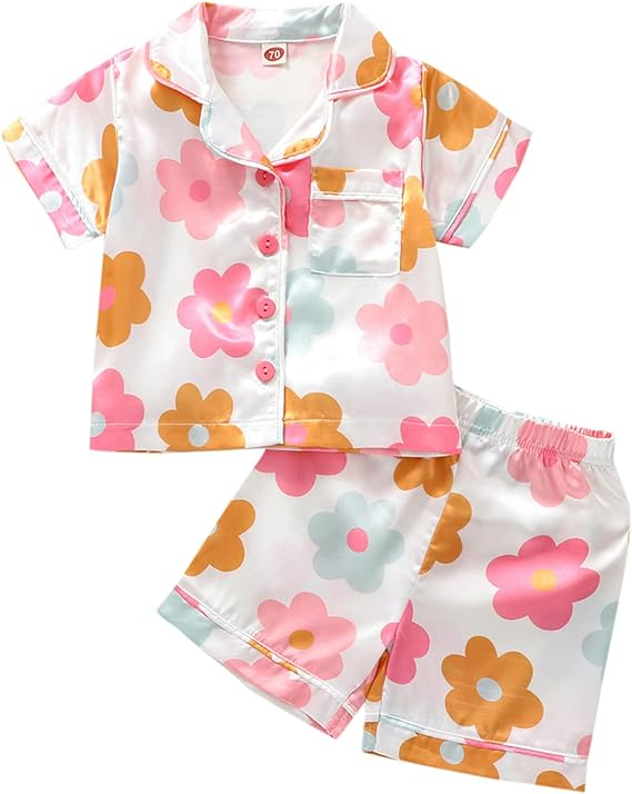 (Custom Design Preorder MOQ 5) Colorful Flowers Print Girls Summer Pajamas Clothes Set