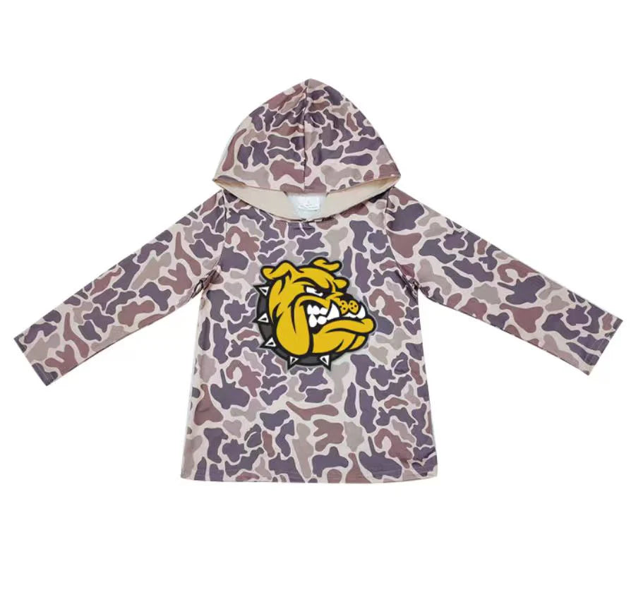 (Custom Design Preorder MOQ 5) Team Bulldogs Brown Camo Print Kids Long Sleeve Hoodie Top