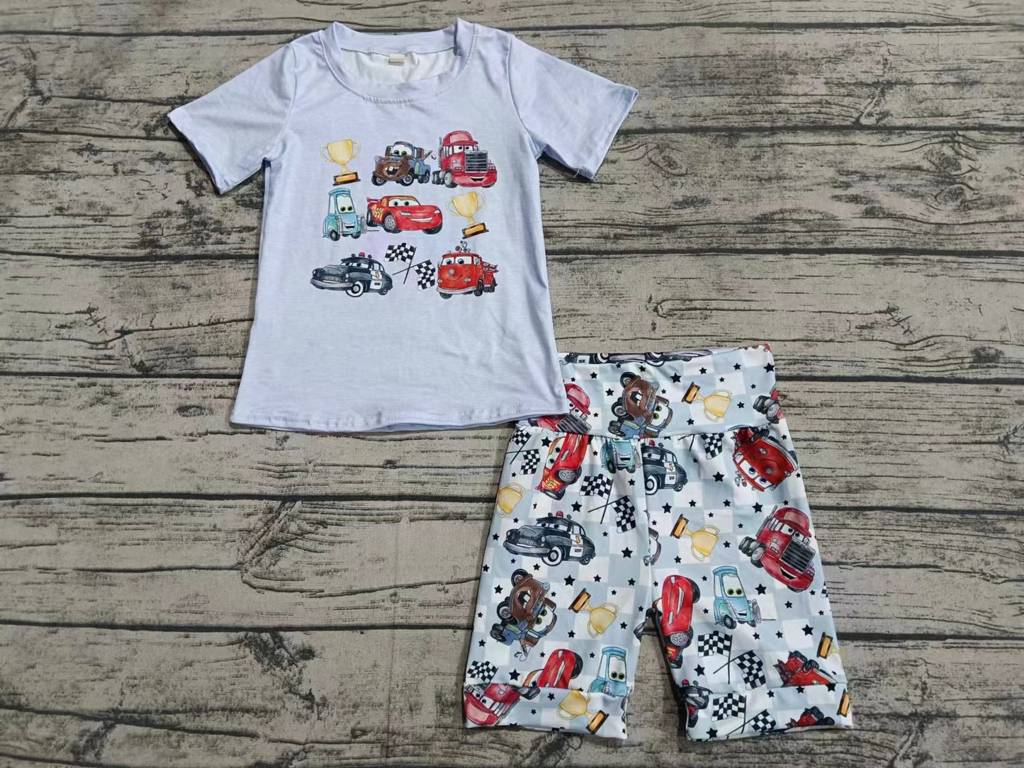 (Custom Design Preorder MOQ 5) Cartoon Cars Print White Top Boys Summer Clothes Set
