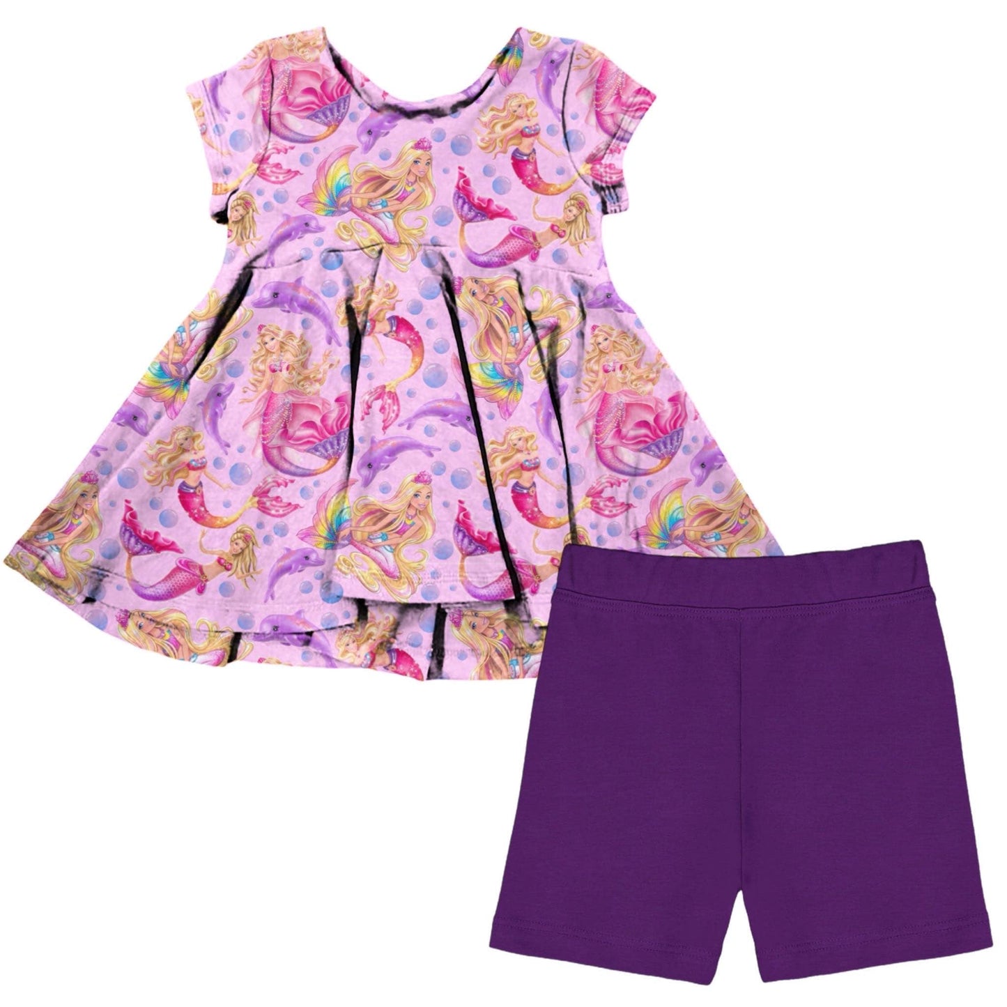 (Custom Design Preorder MOQ 5) Mermaid Tunic Top Purple Shorts Girls Summer Clothes Set