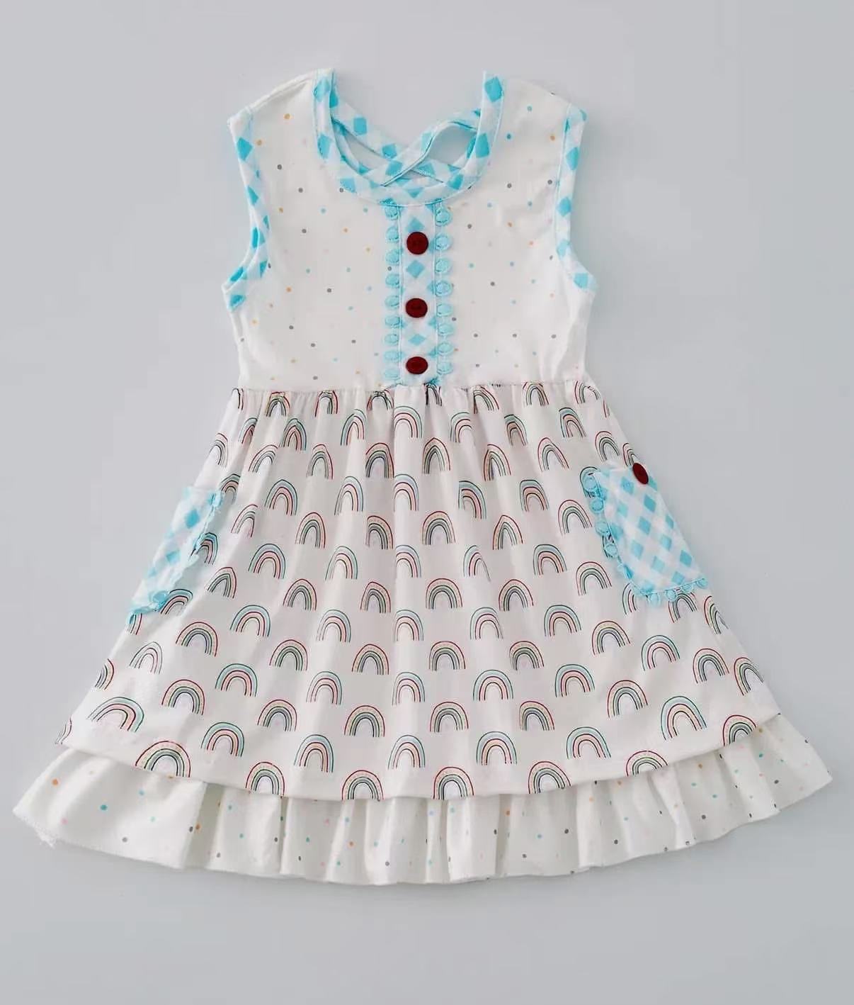 (Custom Design Preorder MOQ 5) Rainbow Print Pockets Girls Knee Length Summer Dress