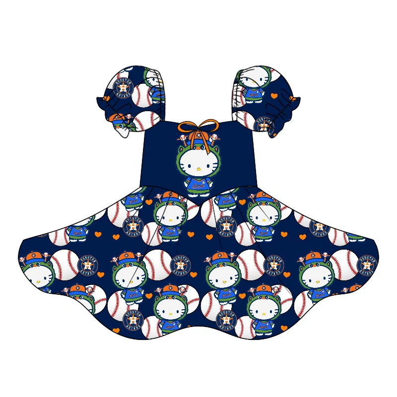 (Custom Design Preorder MOQ 5) Team's ASTROS H Star Baseball Print Girls Summer Summer Knee Length Dress