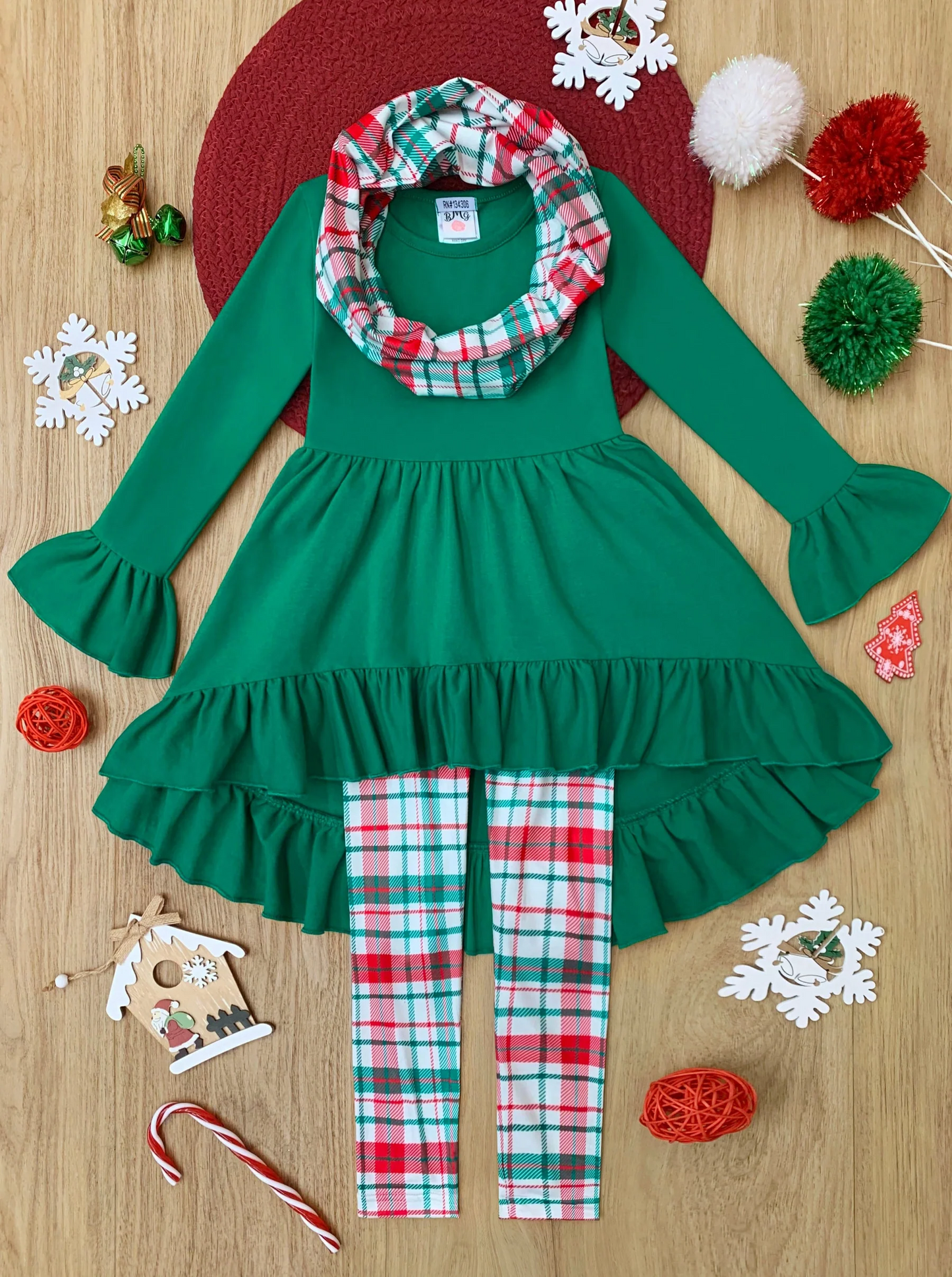 (Custom Design Preorder MOQ 5) Green Tunic Top Plaid Pants Girls Christmas 3 Pieces Clothes Set