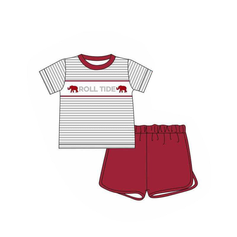 (Custom Design Preorder MOQ 5) Team's ROLL TIDE Stripes Top Wine Shorts Boys Summer Clothes Set