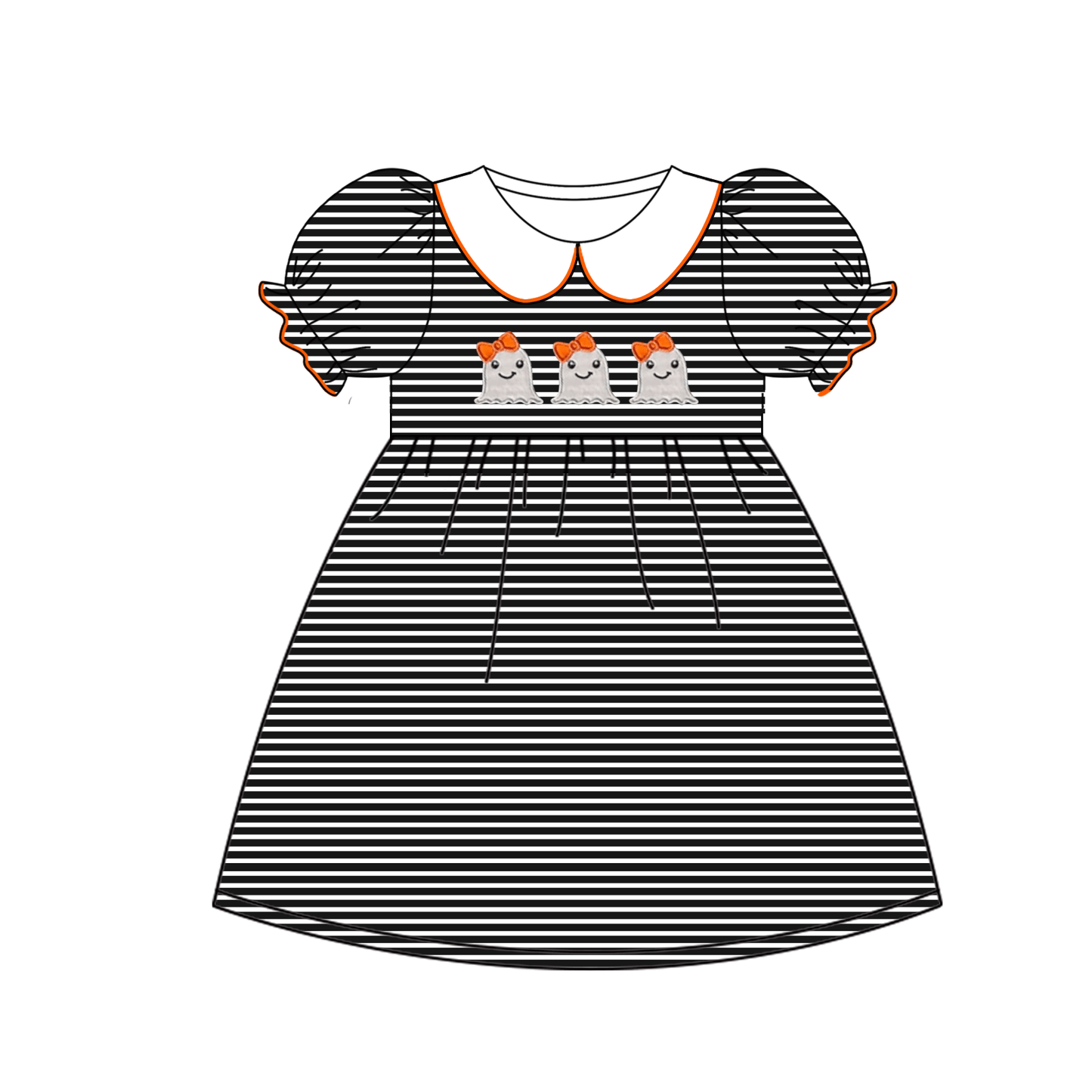 (Custom Design Preorder MOQ 5) Ghost Stripes Print Girls Knee Length Halloween Dress