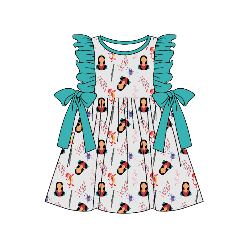 (Custom Design Preorder MOQ 5) Mulan Print Girls Knee Length Summer Dress