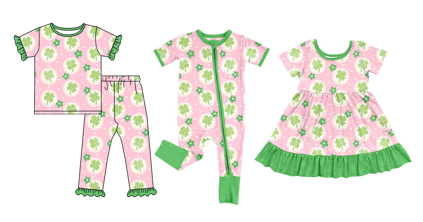 12.8 (Custom Design Preorder MOQ 5 Each Design) Leaf Pink Print Girls St. Patrick's Day Matching Clothes Sisters Wear