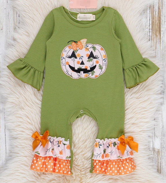 (Custom Design Preorder MOQ 5) Pumpkin Flowers Print Baby Girls Halloween Romper