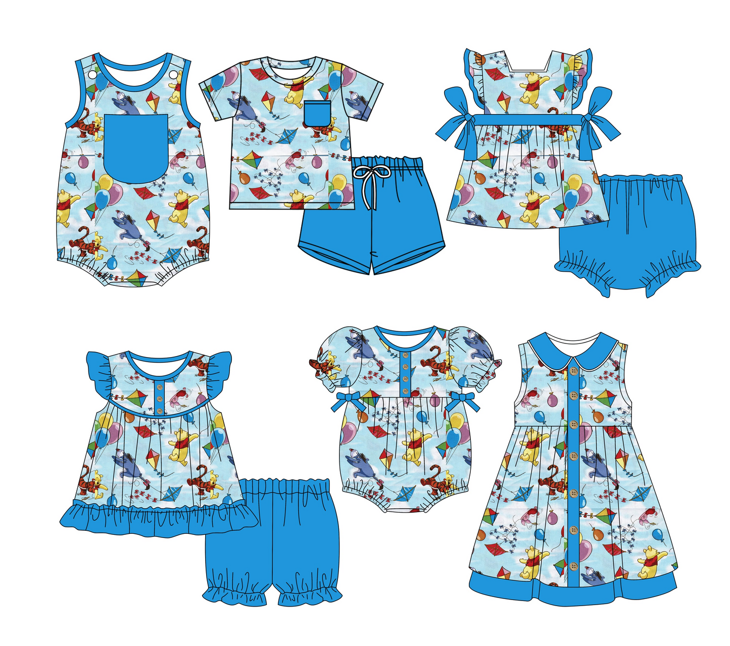 3.3(Custom Design Preorder MOQ 5 Each Design) Cartoon Bear Pooh Blue Print Kids Summer Matching Clothes Sibling Wear