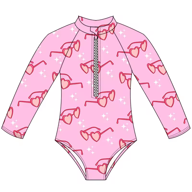 (Custom Design Preorder MOQ 5) Pink Heart Sunglasses Print Girls 1 Piece Long Sleeve Zipper Swimsuits
