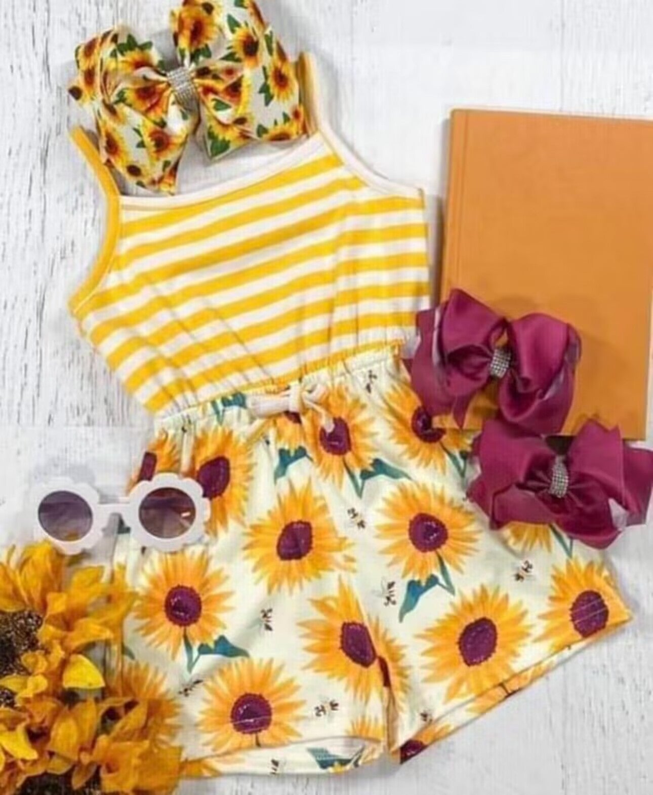 (Custom Design Preorder MOQ 5) Sunflowers Print Girls Summer Jumpsuits