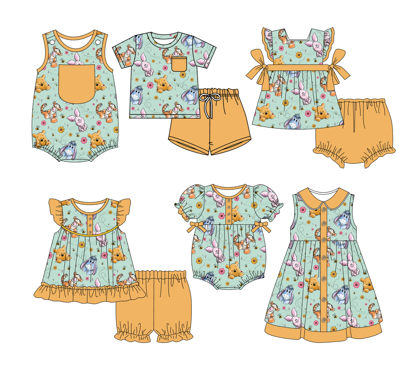 3.3(Custom Design Preorder MOQ 5 Each Design) Cartoon Bear Pooh Flowers Print Kids Summer Matching Clothes Sibling Wear