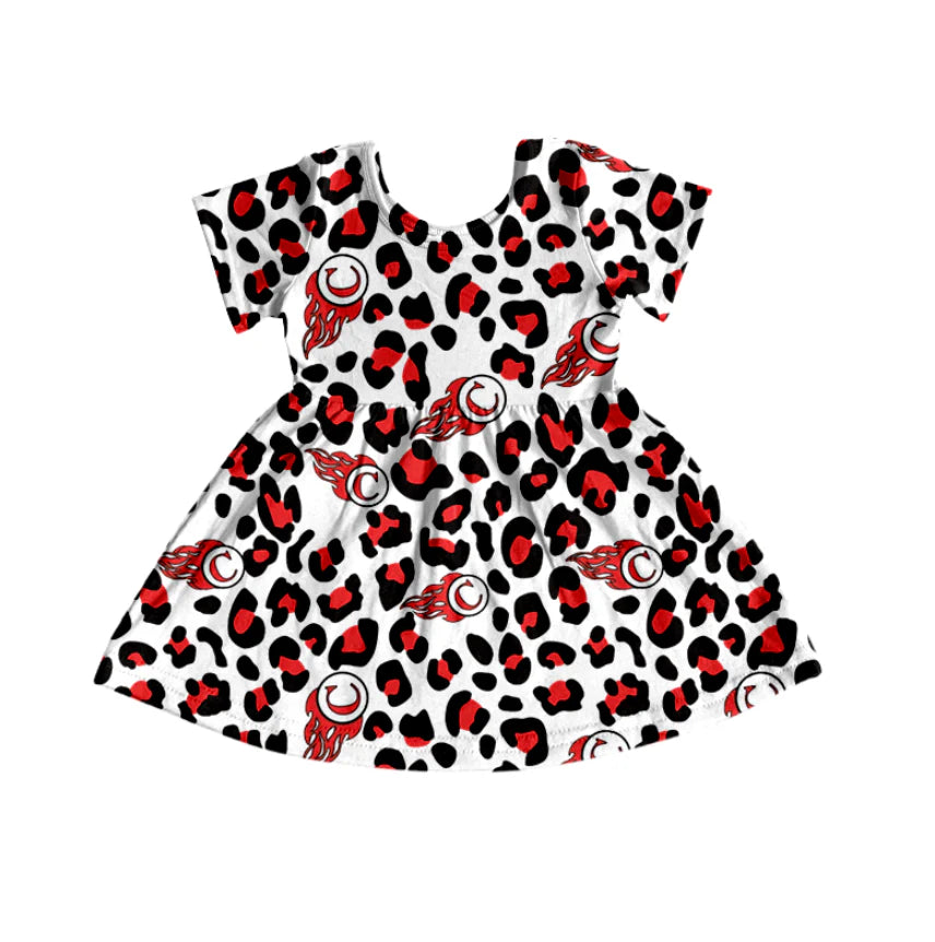 (Custom Design Preorder MOQ 5) Team's CARDINAL Leopard Print Girls Knee Length Dress
