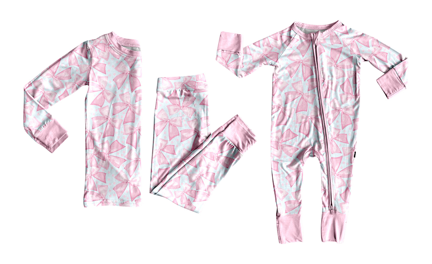 12.1(Custom Design Preorder MOQ 20 Each Design) Pink Bows Dots Print Girls Pajamas Matching Bamboo Clothes Sisters Wear