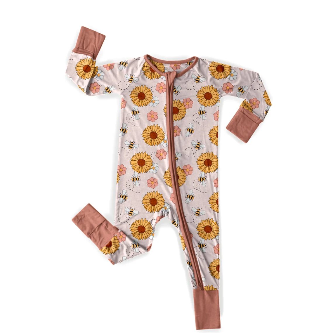 (Custom Design Preorder MOQ 20) Sunflowers Bee Print Baby Girls Fall Bamboo Sleeper Zipper Romper