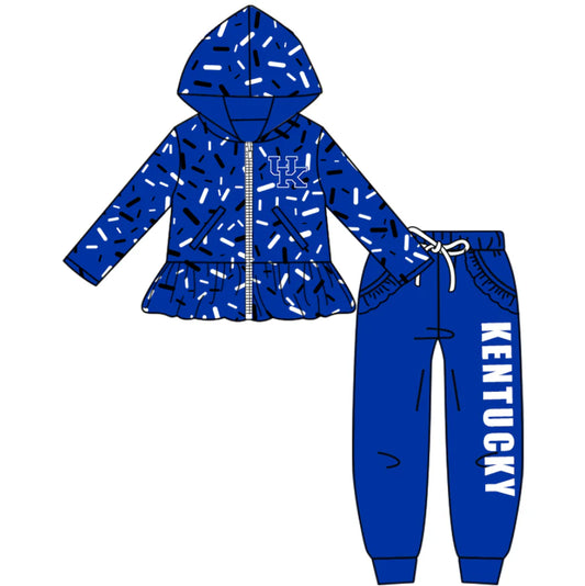 (Custom Design Preorder MOQ 5) Team's Kentucky Sprinkles Print Hoodie Zipper Top Pockets Pants Girls Fall Clothes Set