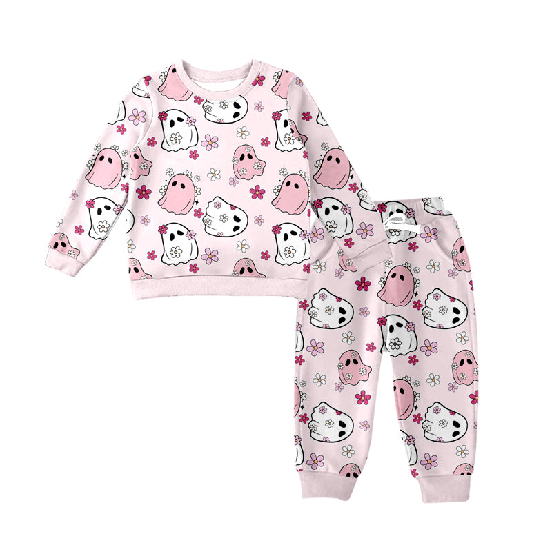 (Custom Design Preorder MOQ 5) Ghost Flowers Print Girls Halloween Clothes Set