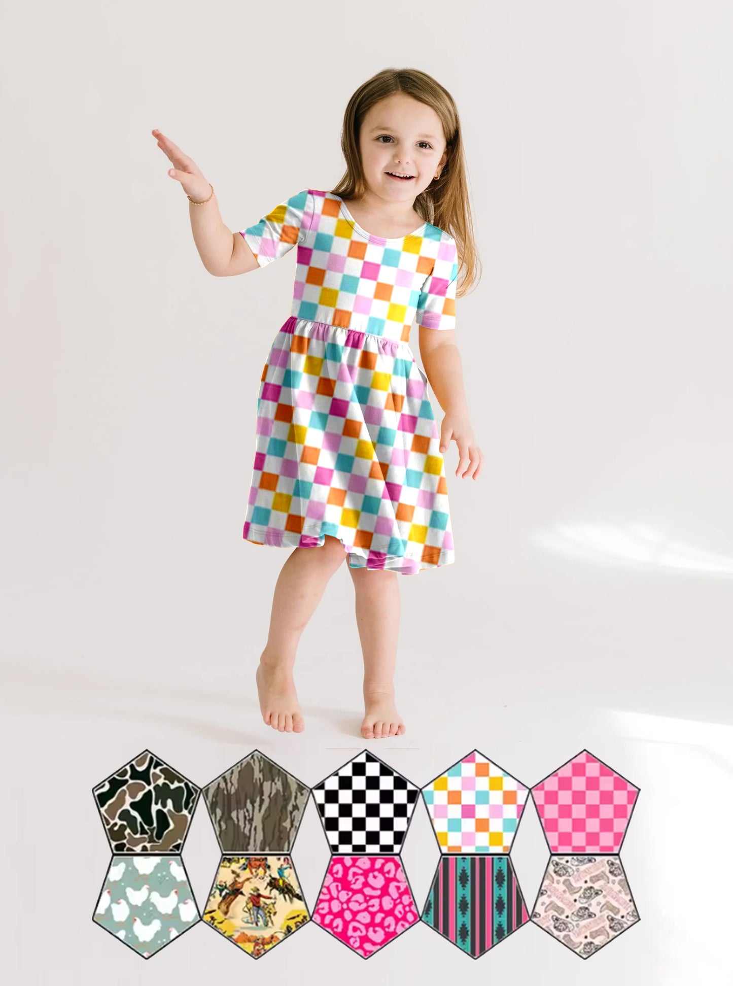 (Custom Design Preorder MOQ 5) Colorful Plaid Print Girls Summer Knee Length Dress