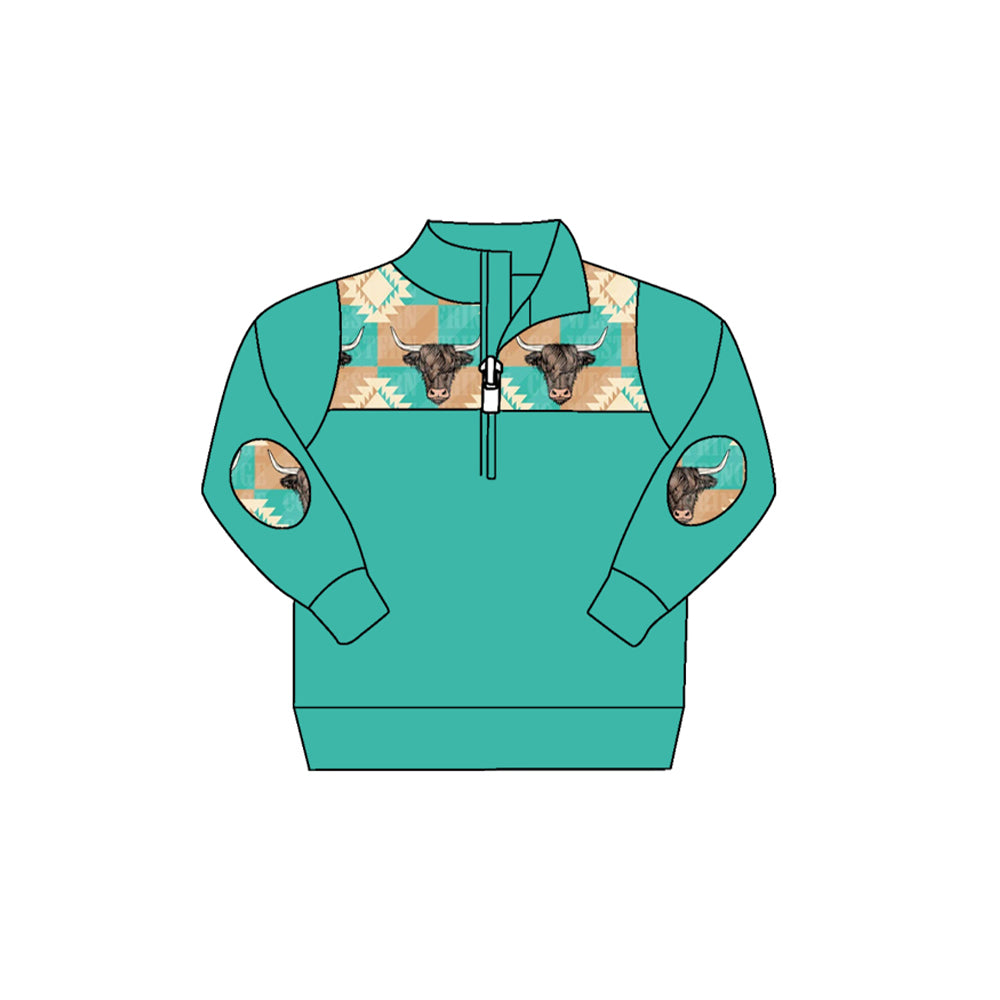 (Custom Design Preorder MOQ 5) Green Highland Cow Aztec Print Boys Long Sleeve Pullover Zipper Tops