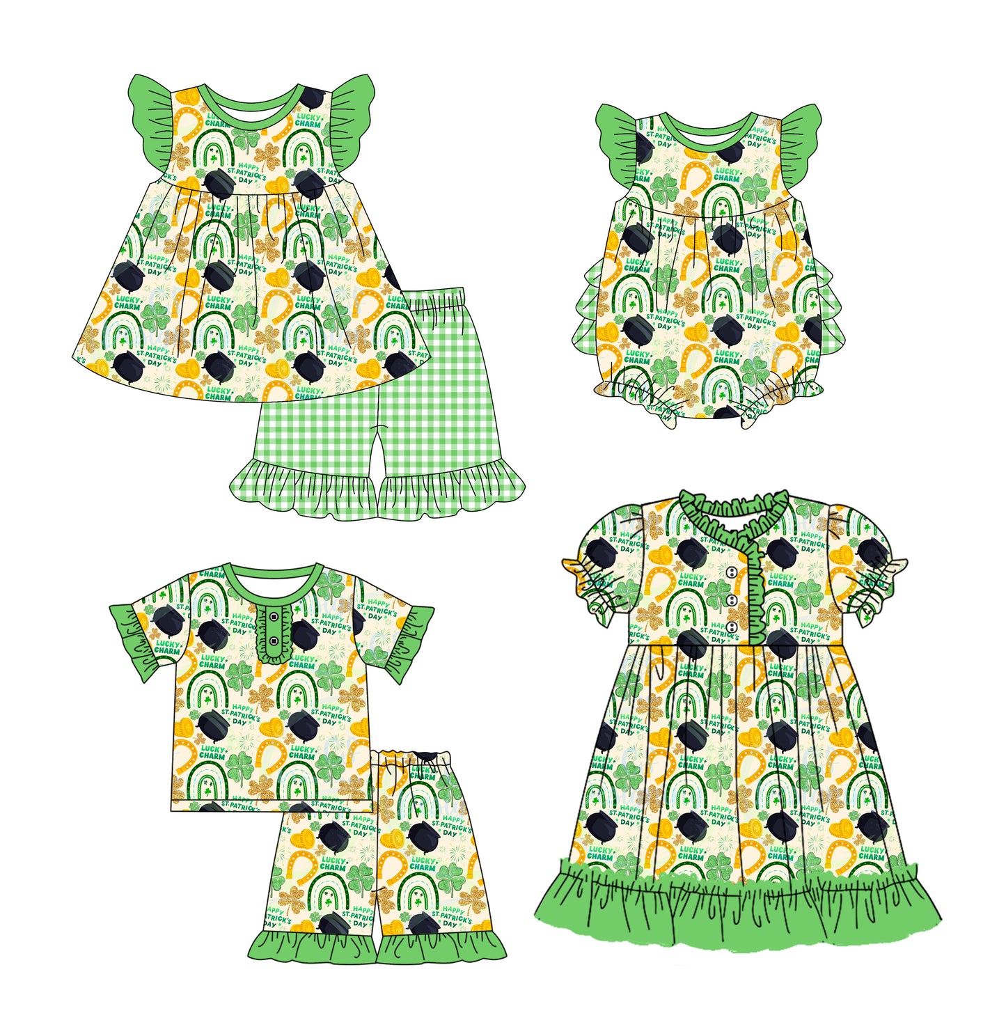 12.10(Custom Design Preorder MOQ 5 Each Design) Golden Rainbow Leaf Plaid Print Girls St. Patrick's Day Matching Clothes Sisters Wear