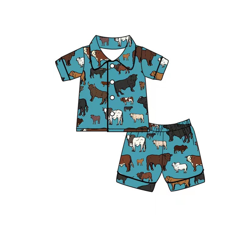 (Custom Design Preorder MOQ 5) Cows Blue Shorts Adult Summer Pajamas Clothes Sets