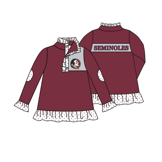 (Custom Design MOQ 5)  Girls wine red team long sleeve button pullover shirts