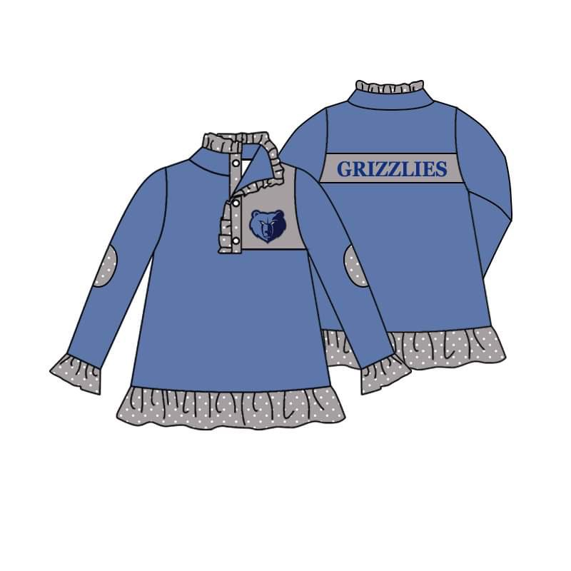 (Custom Design MOQ 5) Girls blue long sleeve button pullover shirts