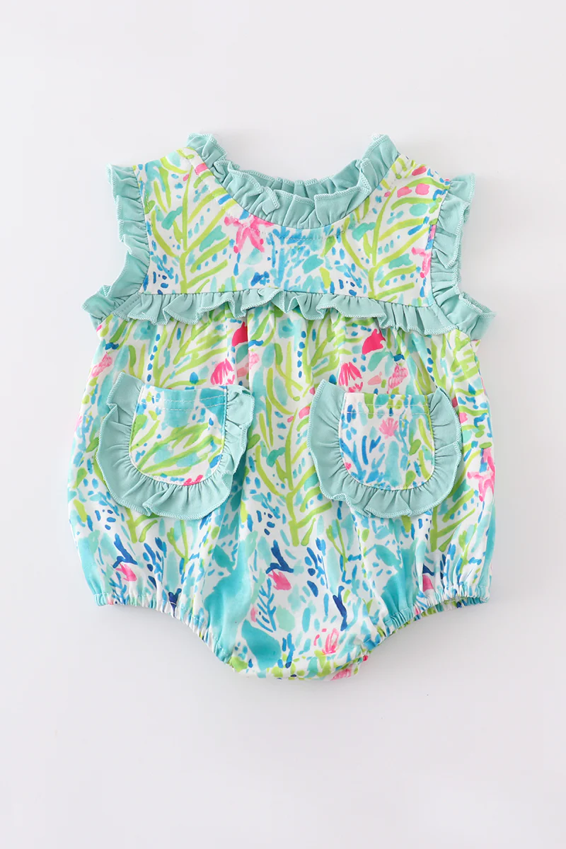 (Custom Design MOQ 5) Light green flowers baby girls pockets summer romper