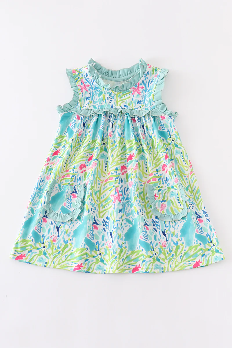 (Custom Design MOQ 5) Light green flowers girls pockets summer dress