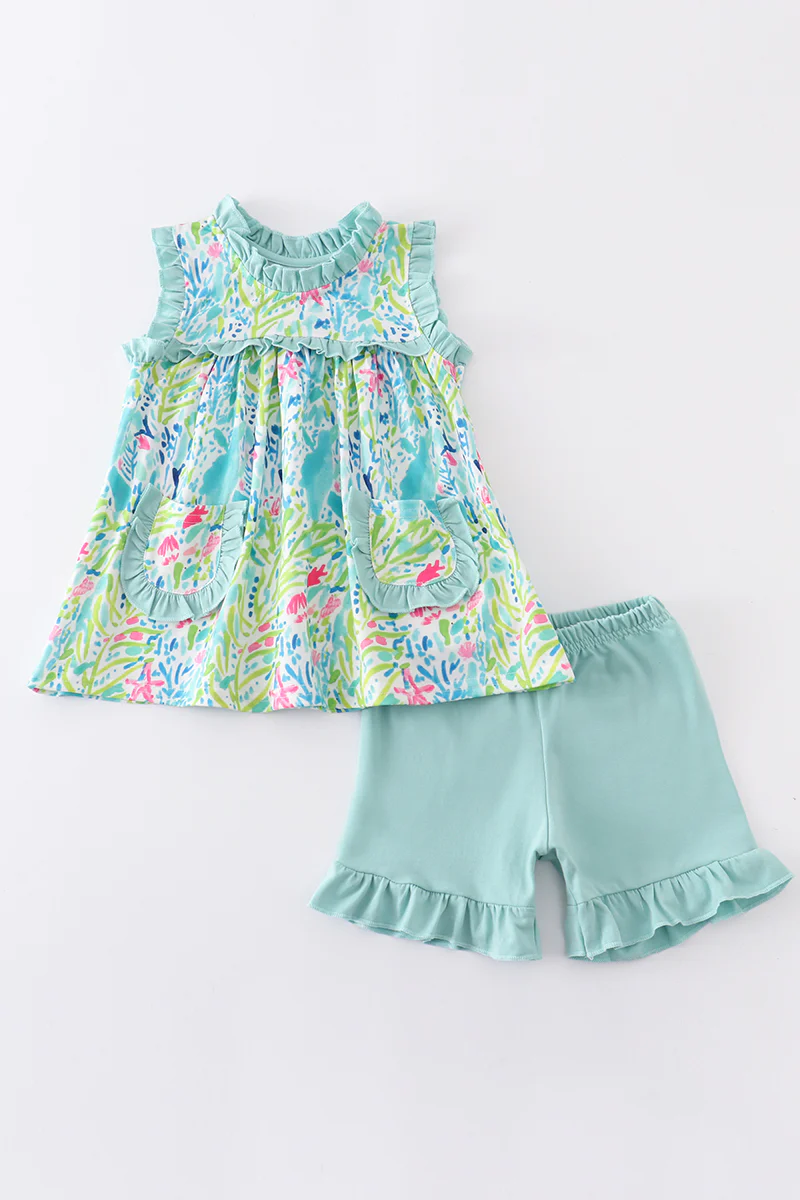 (Custom Design MOQ 5) Light green flowers girls pockets summer outfits