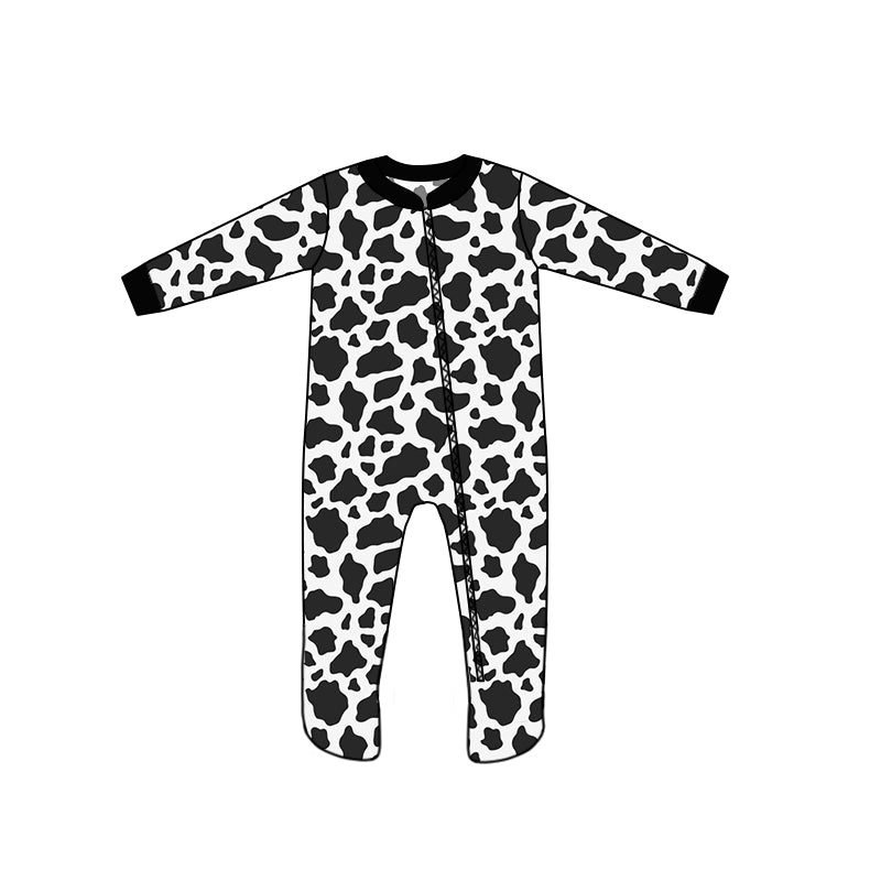 (Custom Design MOQ 5) Black cow print baby girls zipper fall footed romper