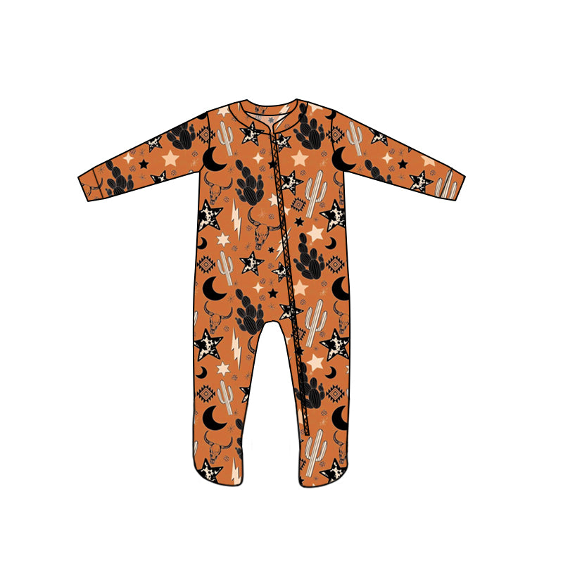 (Custom Design MOQ 5) Brown cactus cow skull baby girls zipper fall footed western romper