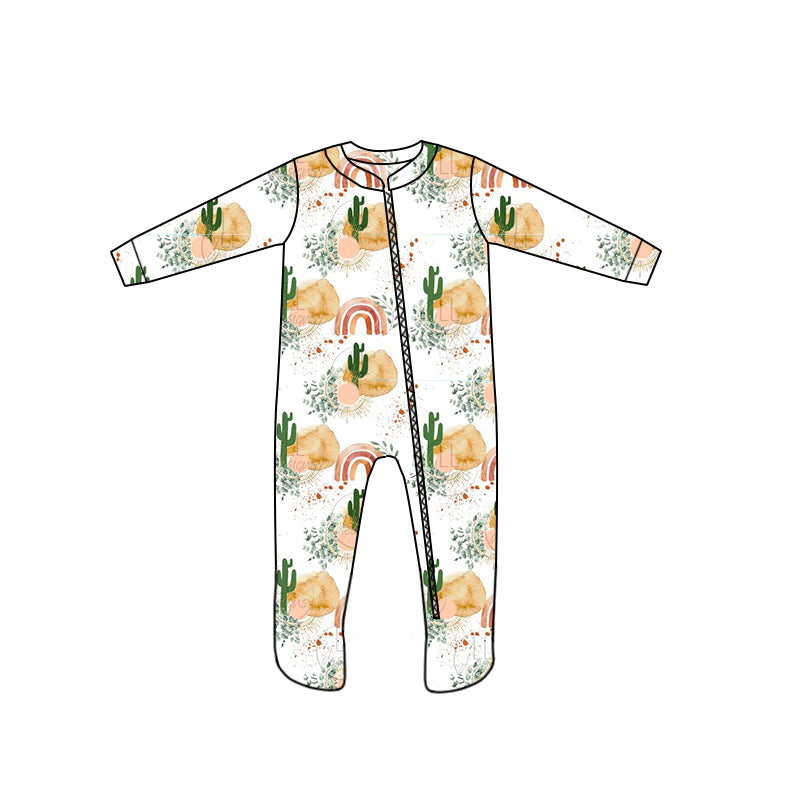 (Custom Design MOQ 5) White cactus rainbow baby girls zipper fall footed romper