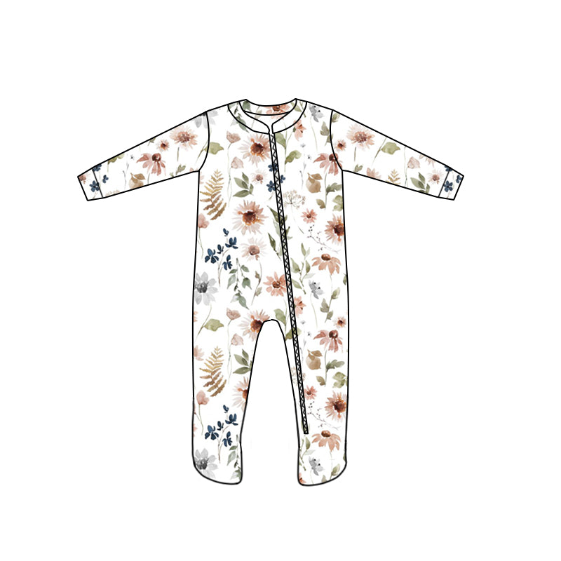 (Custom Design MOQ 5) White flowers baby girls zipper fall footed romper