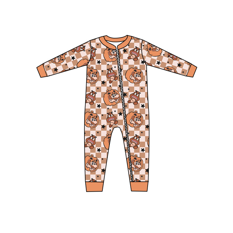 (Custom Design MOQ 5) Pumpkin gingham cartoon game baby zipper romper