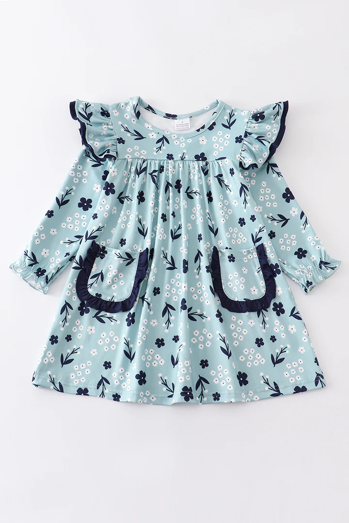 (Custom Design MOQ 5) Navy flowers baby girls pockets knee length dress