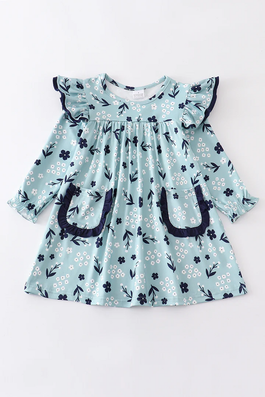 (Custom Design MOQ 5)  Navy flowers baby girls pockets knee length dress