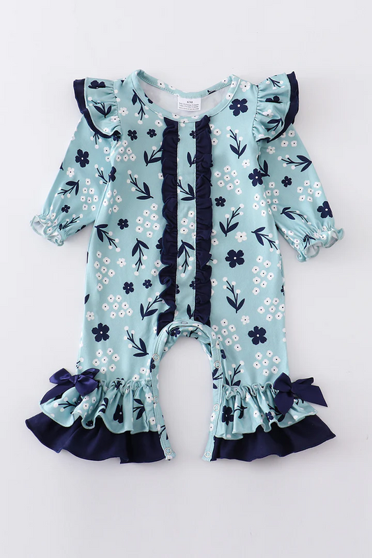(Custom Design MOQ 5)  Navy flowers baby girls fall romper