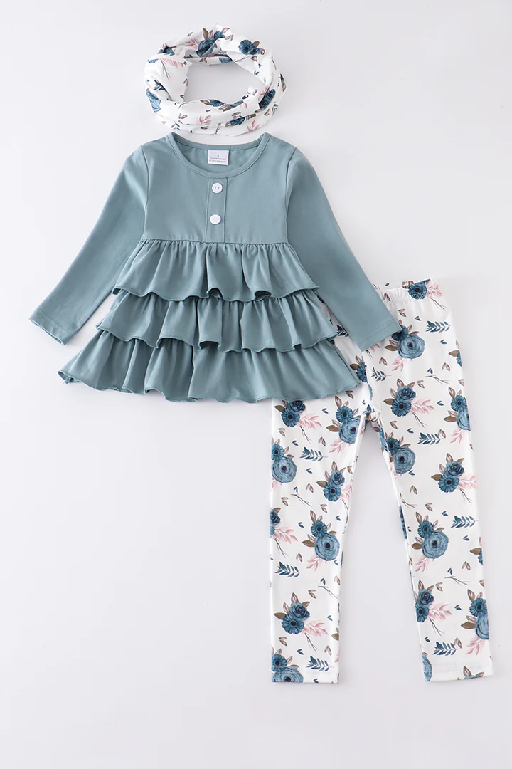 (Custom Design MOQ 5) Grey cotton ruffles tunic top flowers legging pants girls 3 pieces clothes set