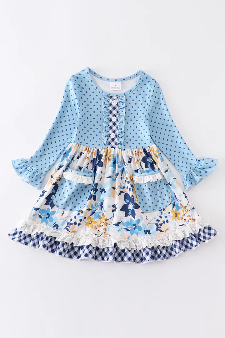 (Custom Design MOQ 5) Blue flowers baby girls pockets knee length dress