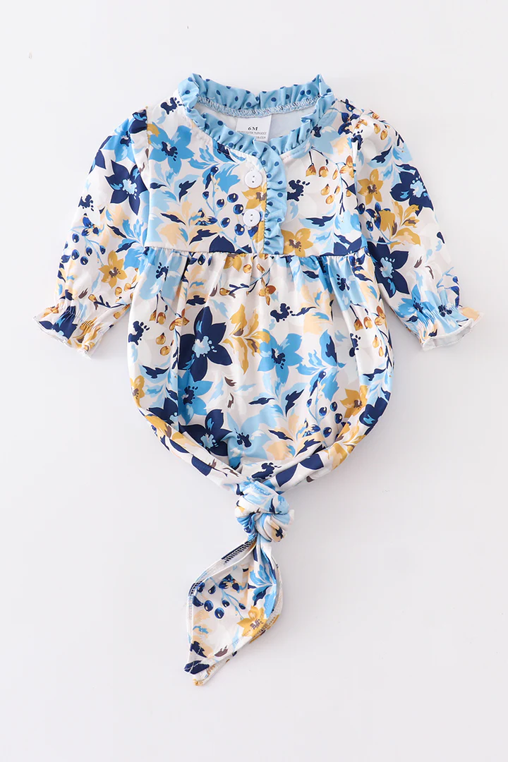 (Custom Design MOQ 5) Blue flowers baby girls fall gown