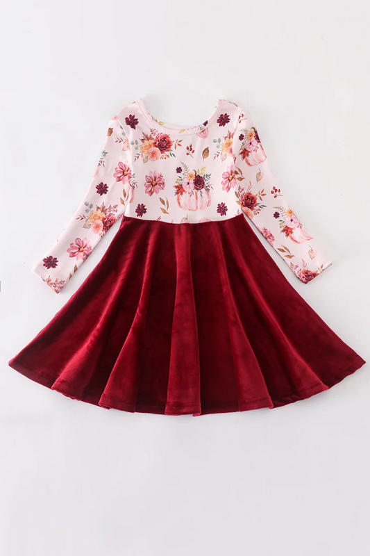 (Custom Design MOQ 5)  Long sleeve girls pumpkin knee length velvet dress