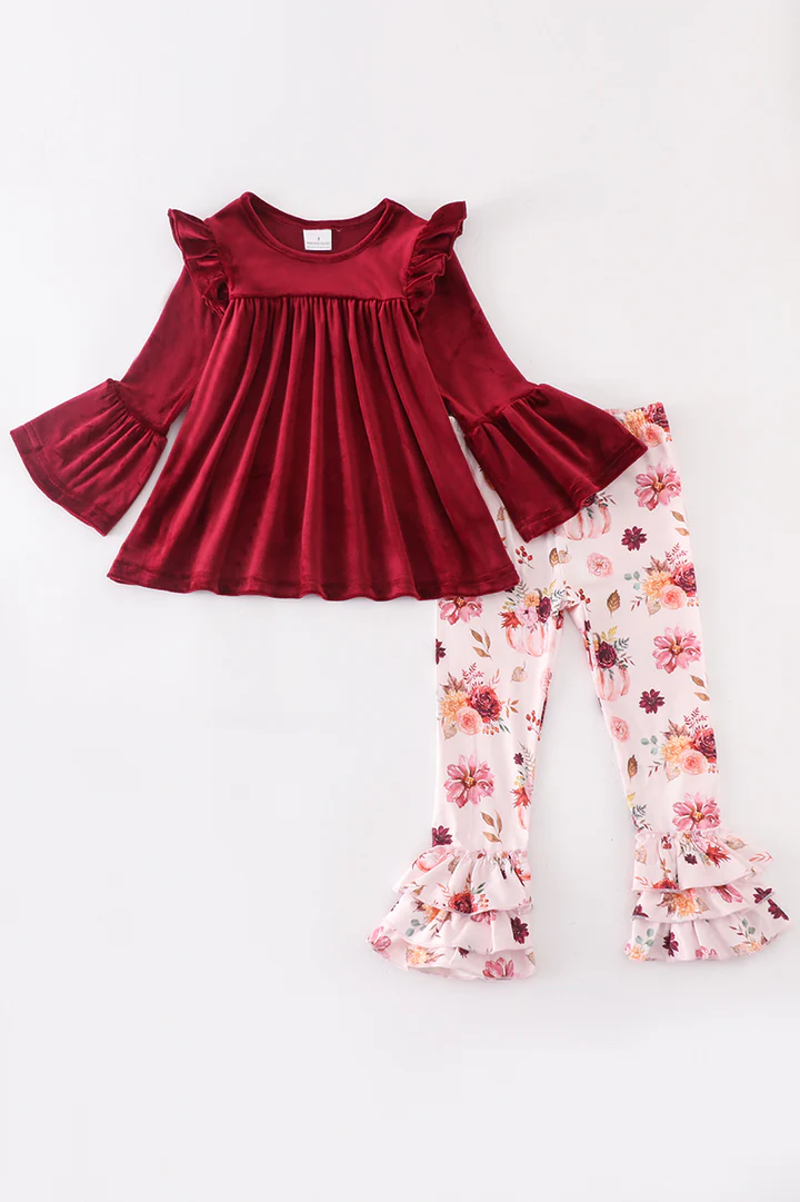 (Custom Design MOQ 5) Wine red velvet top pumpkin ruffles pants girls fall clothes set