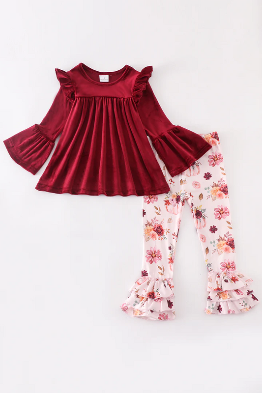 (Custom Design MOQ 5) Wine red velvet top pumpkin ruffles pants girls fall clothes set