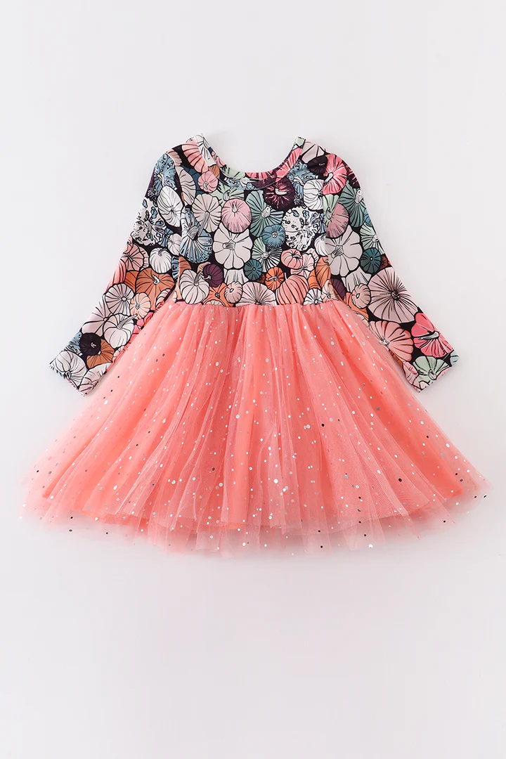 (Custom Design MOQ 5) Long sleeve girls pumpkin knee length tulle dress