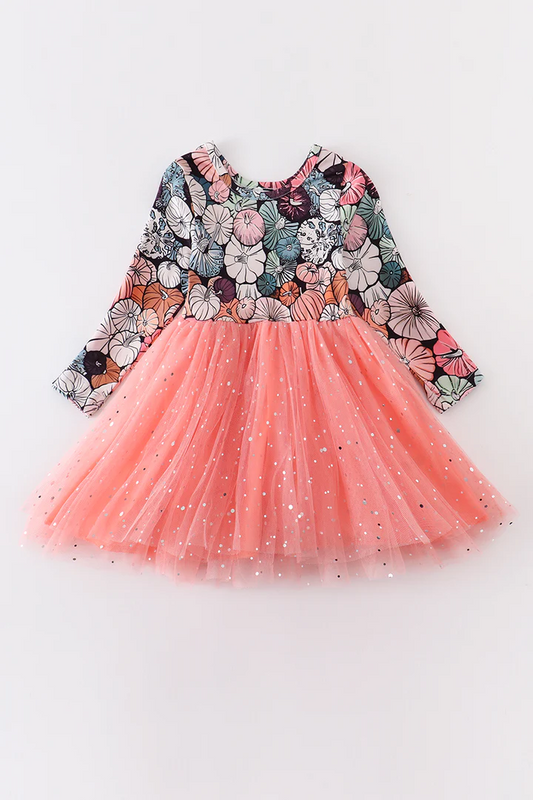 (Custom Design MOQ 5)  Long sleeve girls pumpkin knee length tulle dress