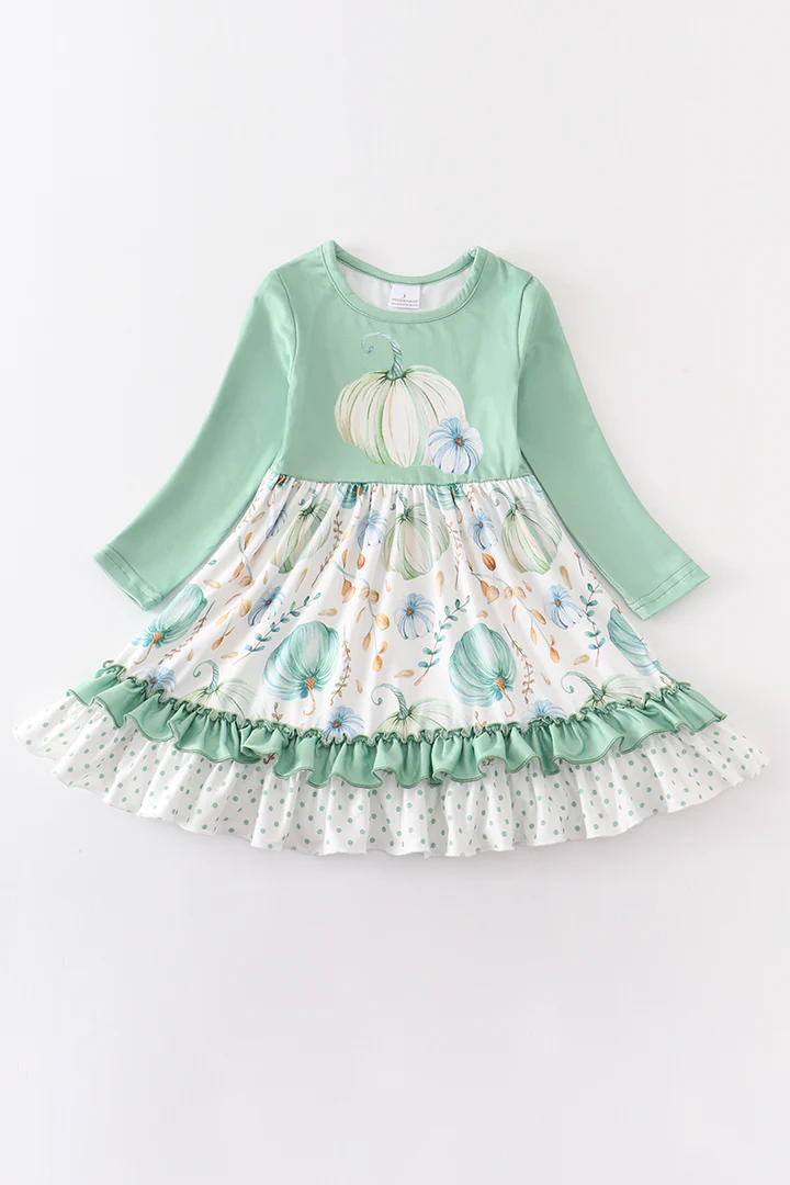 (Custom Design MOQ 5) Aqua pumpkin baby girls ruffles knee length dress