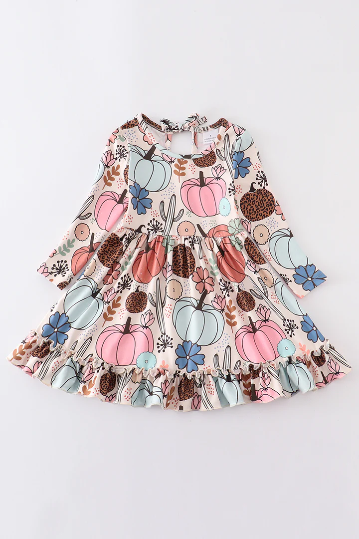 (Custom Design MOQ 5) Fall pumpkin cactus baby girls knee length western dress